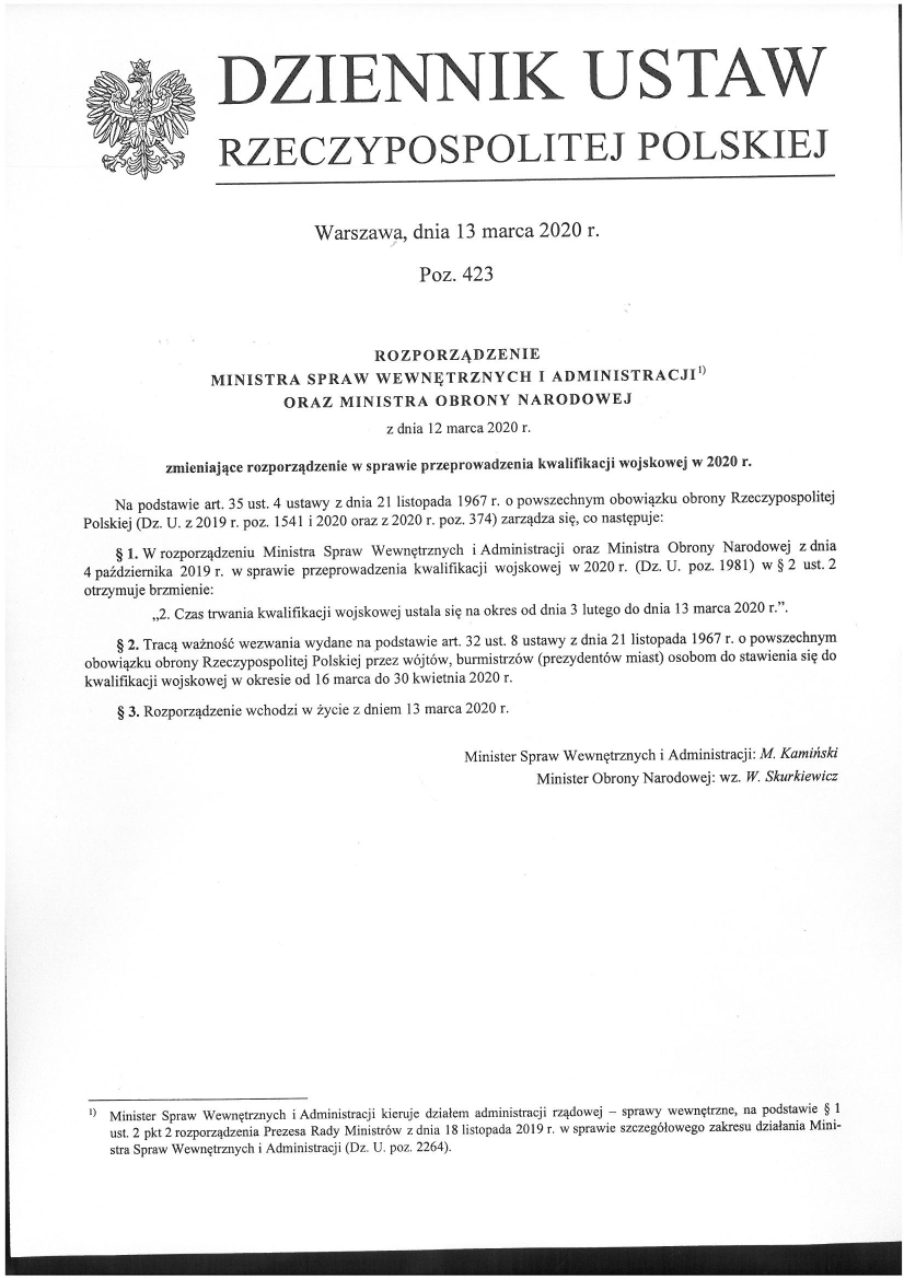Rozporządzenie Ministra w Spraw Wewnętrznych i Administracji oraz Ministra Obrony Narodowej